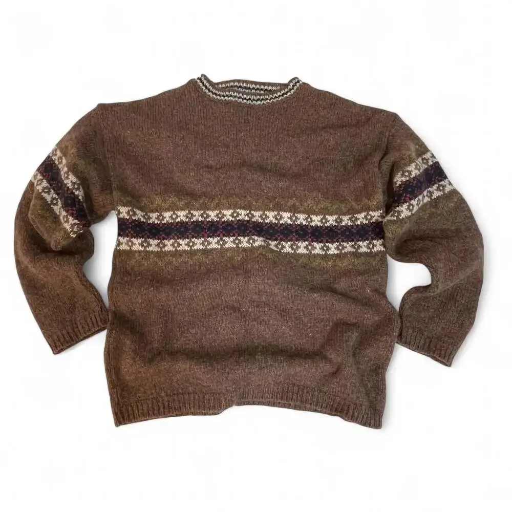 Landscape Vintage 100% Wool Fair Isle Nordic Sweater Brown Large